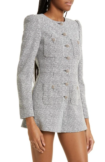 Shop Alice And Olivia Shiloh Long Sleeve Tweed Romper In Black/ Off White