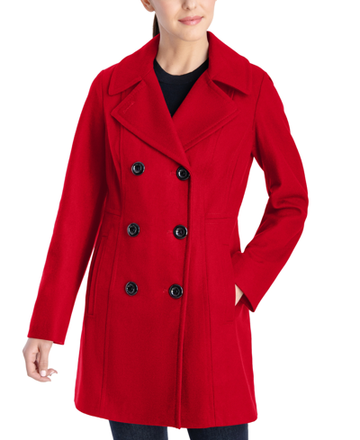 Shop Anne Klein Women's Petite Notched-collar Double-breasted Peacoat, Created For Macy's In Lychee Red