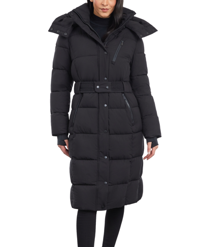 Shop Bcbgeneration Women's Belted Hooded Puffer Coat In Black