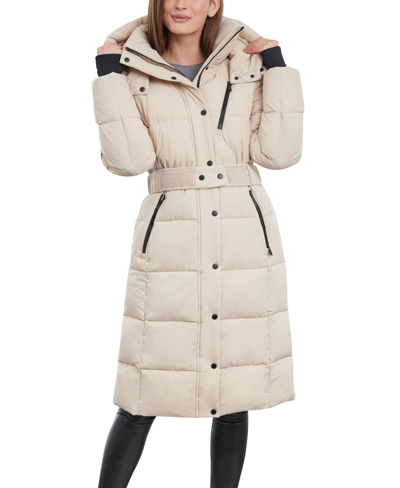 Shop Bcbgeneration Women's Belted Hooded Puffer Coat In Putty