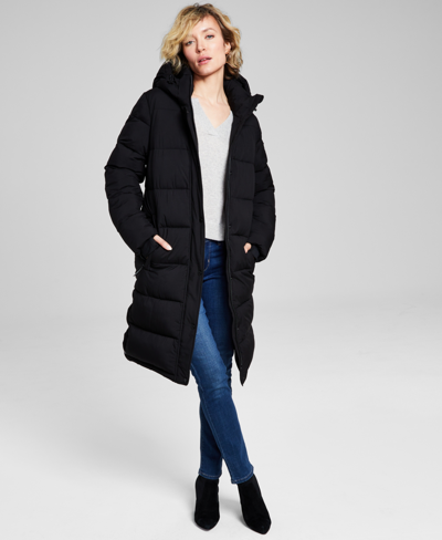 Shop Bcbgeneration Women's Petite Hooded Puffer Coat, Created For Macy's In Black