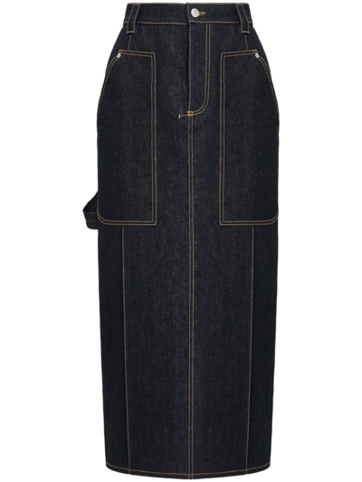 Shop Alexander Mcqueen High-waisted Denim Midi Skirt In Blue