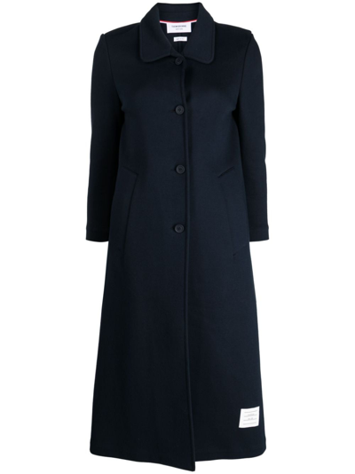 Shop Thom Browne Logo-patch Single-breasted Coat In Blue