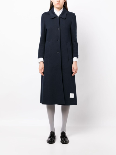 Shop Thom Browne Logo-patch Single-breasted Coat In Blue