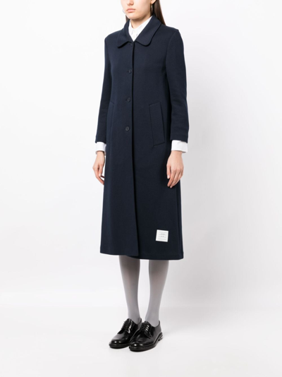 Shop Thom Browne Logo-patch Single-breasted Coat In Blue