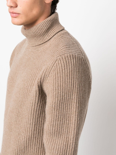 Shop Fay Roll-neck Ribbed Jumper In Brown