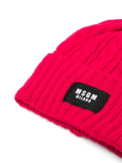 Shop Msgm Cable-knit Logo-patch Beanie In Pink