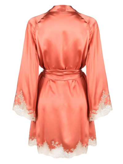 Shop Carine Gilson Calais-caudry Lace-trim Silk Robe In Pink