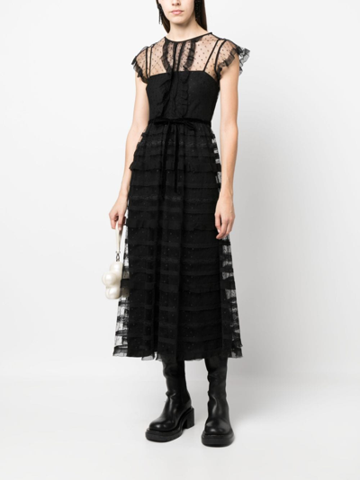 Red Valentino Ruffle-detail Point-d'esprit Midi Dress In Black
