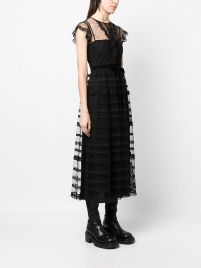 Red Valentino Ruffle-detail Point-d'esprit Midi Dress In Black