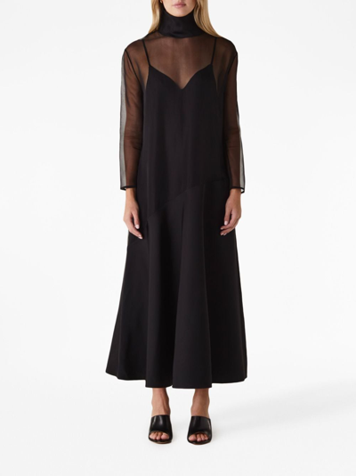Khaite Bellamy Paneled Long-sleeve Sheer Silk Maxi Dress In Black