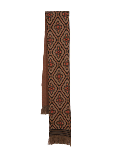 Shop Etro Patterned-jacquard Fringed Scarf In Brown