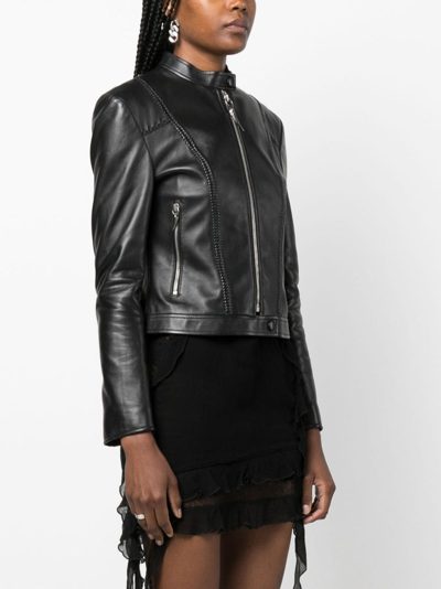 Shop Roberto Cavalli Band Collar Leather Jacket In Black
