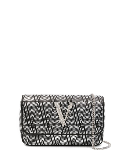 Shop Versace Virtus Crystal-embellished Leather Shoulder Bag In Black
