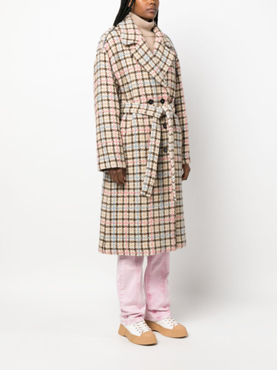 Shop Msgm Belted Houndstooth Double-breasted Coat In Neutrals