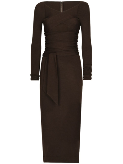 Shop Dolce & Gabbana Wraparound Wool Midi Dress In Brown
