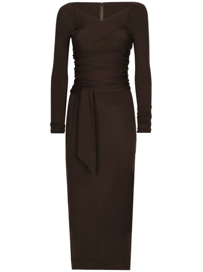 Dolce & Gabbana Draped Wool-blend Midi Dress In Brown