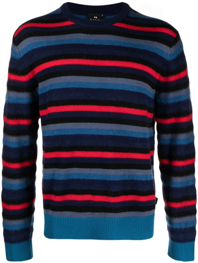 Shop Ps By Paul Smith Crew-neck Stripe-pattern Jumper In Blue