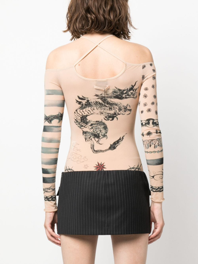 Shop Jean Paul Gaultier X Knwls Tattoo-print Long-sleeve Bodysuit In Neutrals