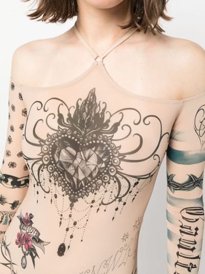 Shop Jean Paul Gaultier X Knwls Tattoo-print Long-sleeve Bodysuit In Neutrals