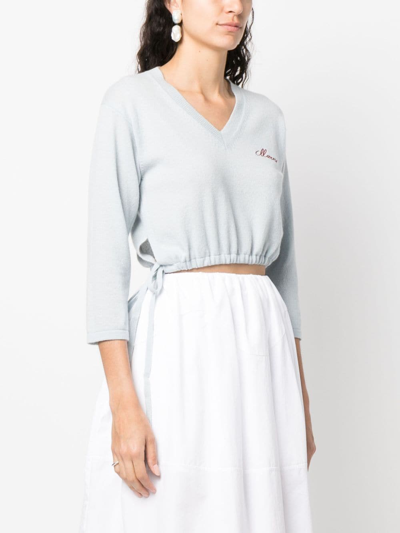 Shop Marni Logo-embroidered Cashmere Cropped Jumper In Blue