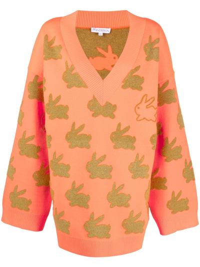 Shop Jw Anderson Bunny-intarsia V-neck Jumper In Orange