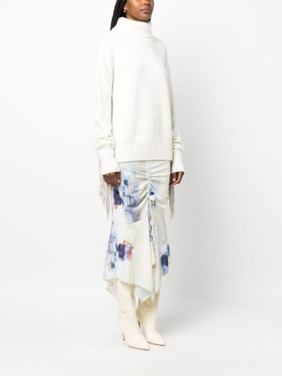 Wild Cashmere Fringed Roll Neck Jumper In White