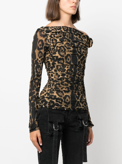 Shop Blumarine Floral-appliqué Leopard-print Top In Brown