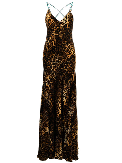 Shop Roberto Cavalli Crisscross Back Leopard Print Maxi Dress In Neutrals