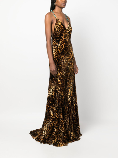 Roberto Cavalli Crisscross Back Leopard Print Maxi Dress In Neutrals