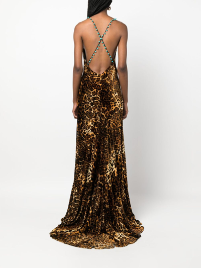 Shop Roberto Cavalli Crisscross Back Leopard Print Maxi Dress In Neutrals