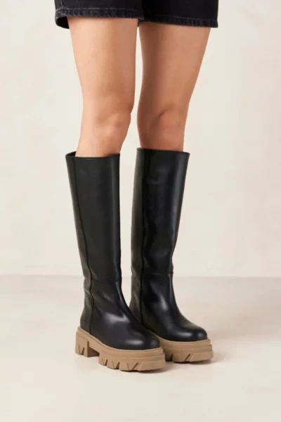 Shop Alohas Katiuska Leather Knee High Platform Boot In Black Stone Beige, Women's At Urban Outfitters