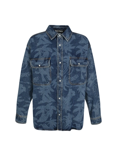 Shop Palm Angels Denim Shirt With All-over Palmity Print