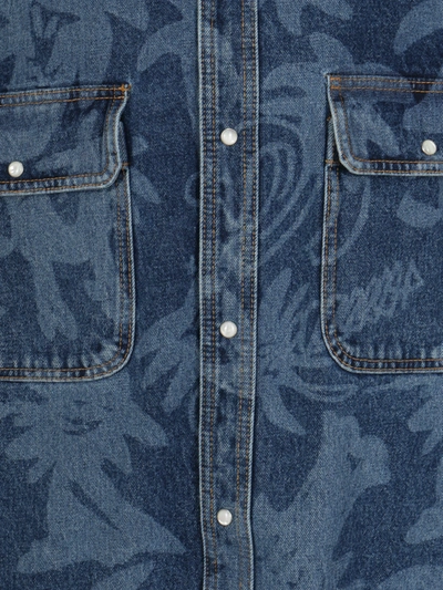 Shop Palm Angels Denim Shirt With All-over Palmity Print