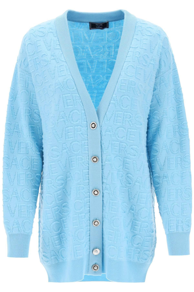 Shop Versace 'la Vacanza' Monogram Maxi Cardigan In Light Blue
