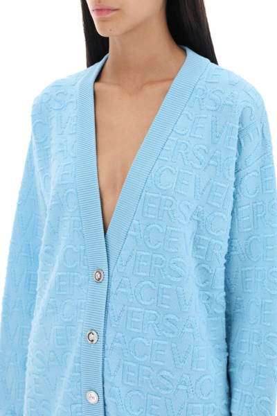 Shop Versace 'la Vacanza' Monogram Maxi Cardigan In Light Blue