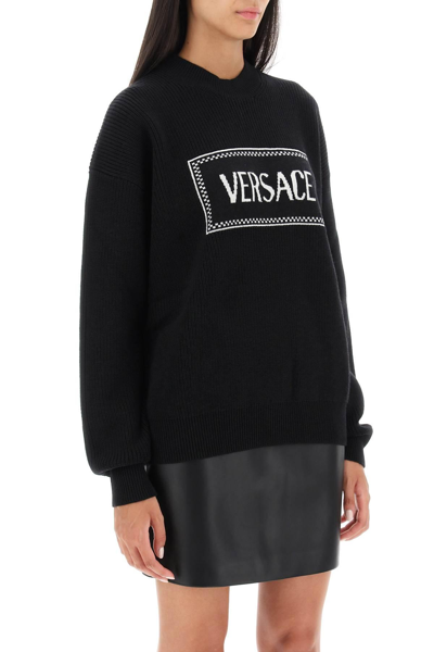 Shop Versace Crew-neck Sweater With Logo Inlay In Black