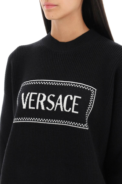 Shop Versace Crew-neck Sweater With Logo Inlay In Black