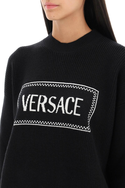 Versace Crew-neck Sweater With Logo Inlay In Black