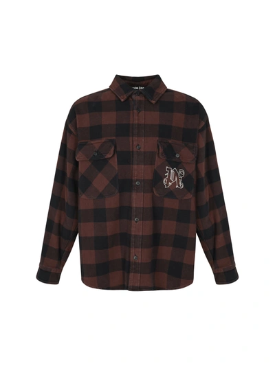 Shop Palm Angels Cotton Shirt With Check Motif In Brown Off