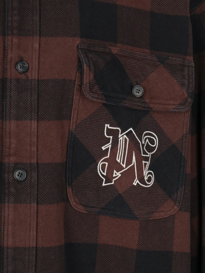 Shop Palm Angels Cotton Shirt With Check Motif In Brown Off