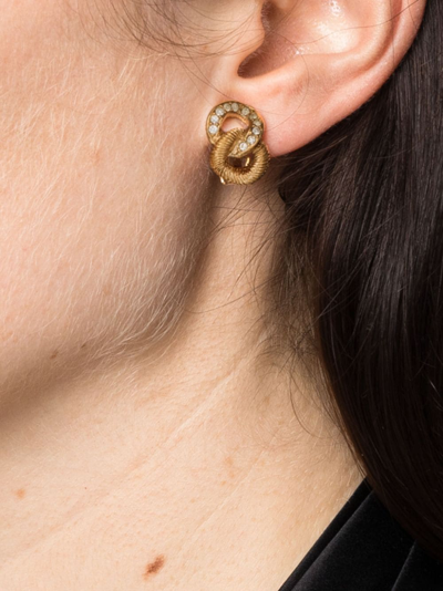 Pre-owned Dior 1990s Rhinestone-embellished Link Clip-on Earrings In Gold
