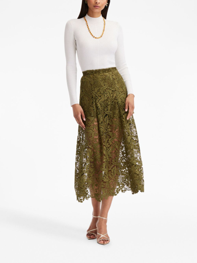 Shop Oscar De La Renta Acorn Guipure-lace Midi Skirt In Green