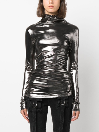 Blumarine Metallic Cut-out Detail Turtleneck Top In Silver