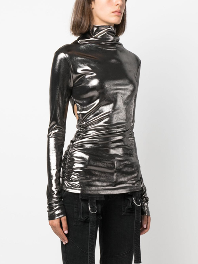 Blumarine Metallic Cut-out Detail Turtleneck Top In Silver