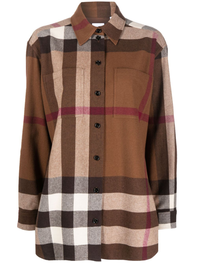 Shop Burberry Check Motif Wool Shirt In Brown