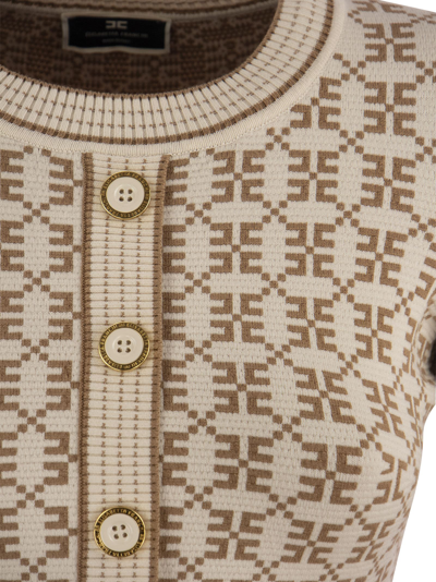 Shop Elisabetta Franchi Jacquard Logo Knit Minidress In Butter/camel