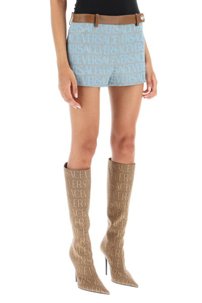 Shop Versace Monogram Shorts With Leather Band In Pale Blue Beige (light Blue)