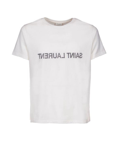 Shop Saint Laurent T-shirt With Logo Lettering In Naturel Noir