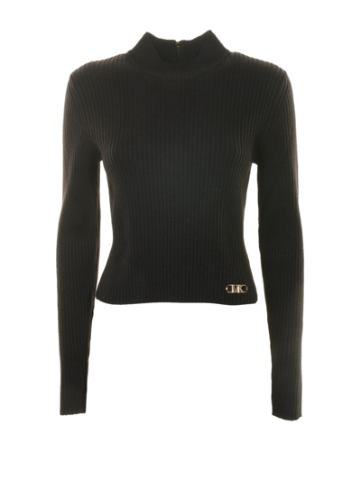Shop Michael Kors Wool Sweater With Logo Plaque In Black